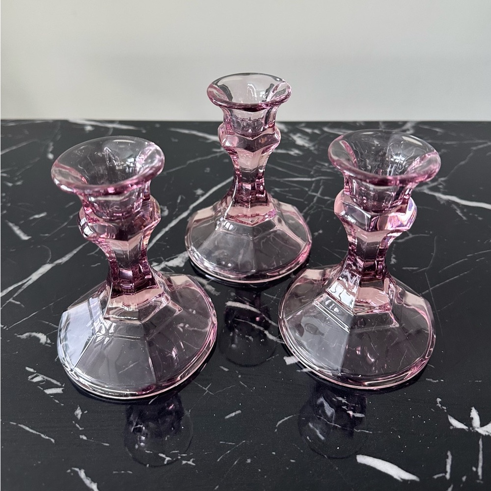 Vintage Set of 5 Glass Light Purple Amethyst Candlestick Holder Rare Mid Century